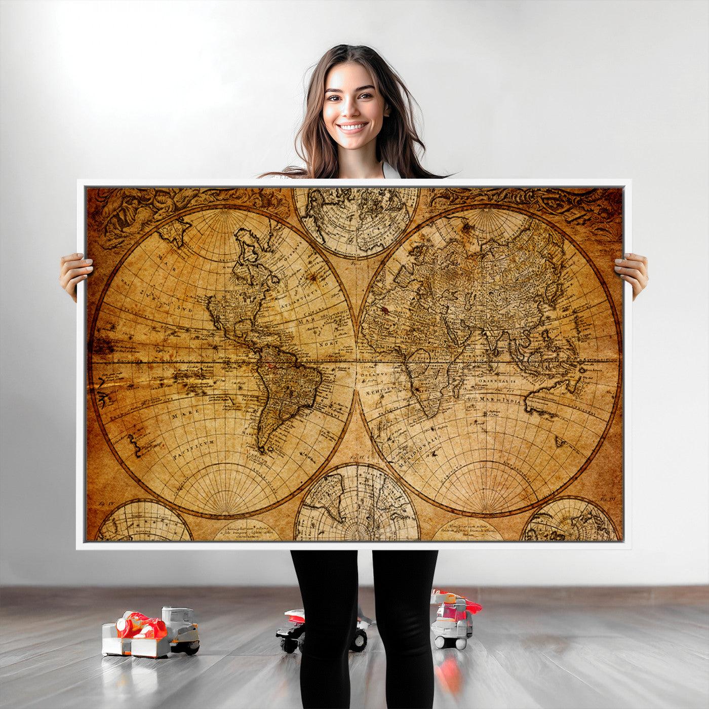 25517-MGV-CV-36X24-Vintage World Map Canvas Print – Antique Push Pin Travel Map, Framed Wall Art for Home or Office Decor