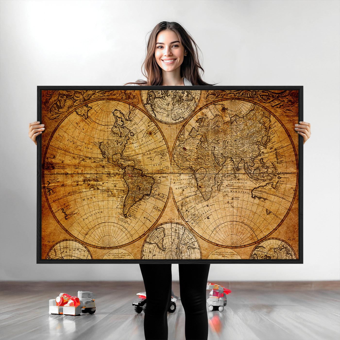 25517-MGV-CV-36X24-Vintage World Map Canvas Print – Antique Push Pin Travel Map, Framed Wall Art for Home or Office Decor