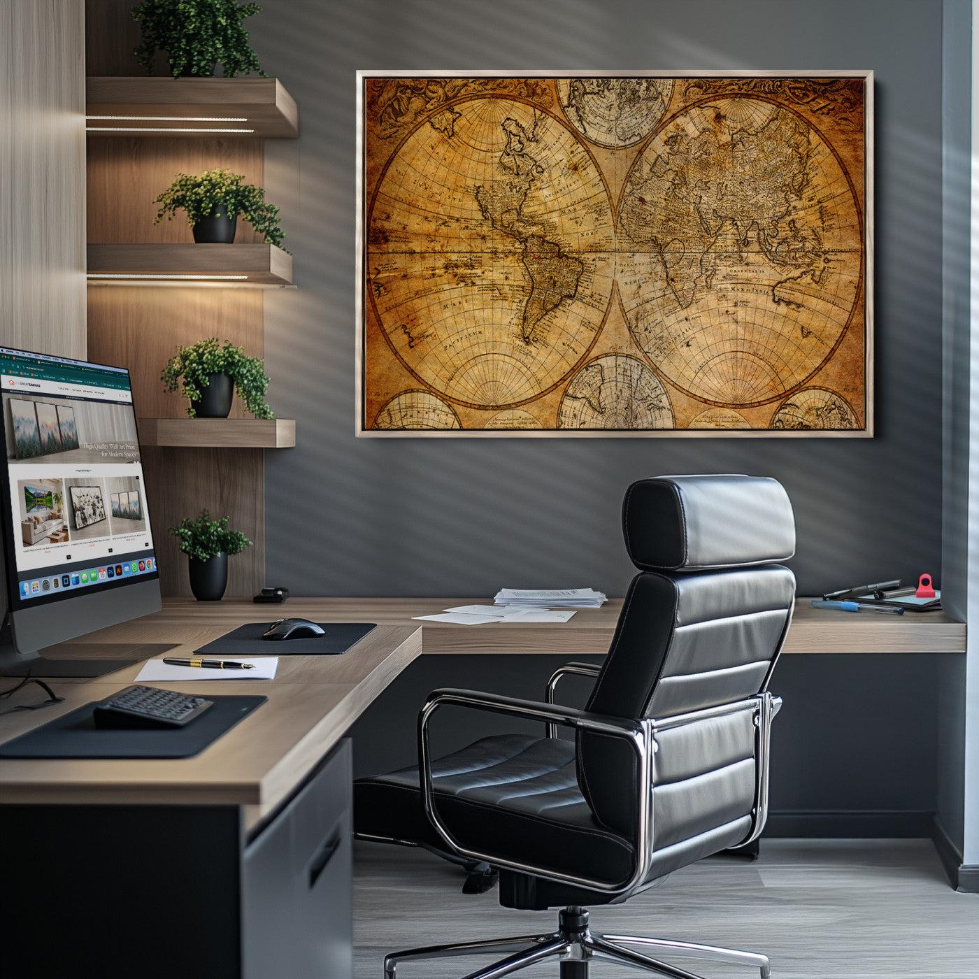 25517-MGV-CV-36X24-Vintage World Map Canvas Print – Antique Push Pin Travel Map, Framed Wall Art for Home or Office Decor