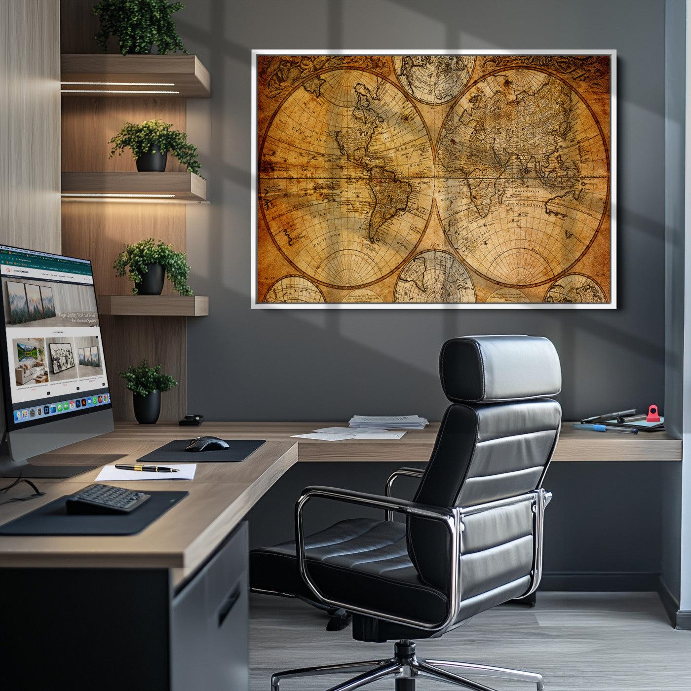 25517-MGV-CV-36X24-Vintage World Map Canvas Print – Antique Push Pin Travel Map, Framed Wall Art for Home or Office Decor