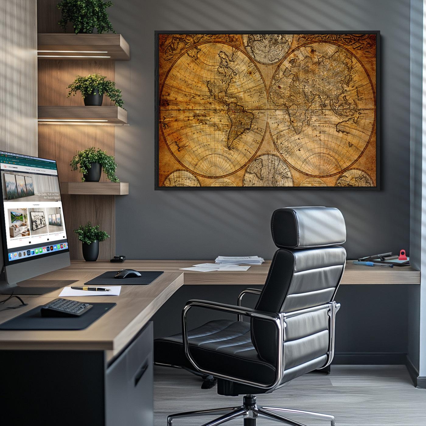 25517-MGV-CV-36X24-Vintage World Map Canvas Print – Antique Push Pin Travel Map, Framed Wall Art for Home or Office Decor