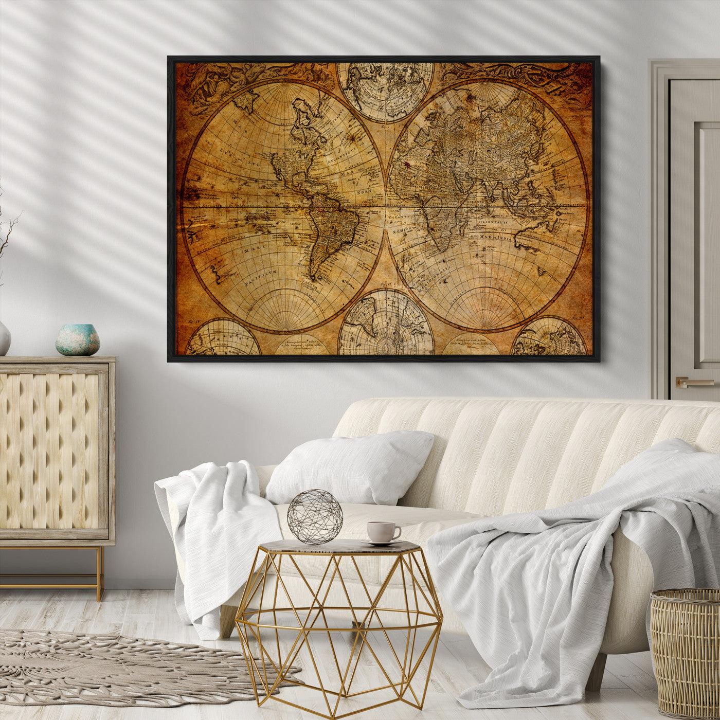 25517-MGV-CV-36X24-Vintage World Map Canvas Print – Antique Push Pin Travel Map, Framed Wall Art for Home or Office Decor