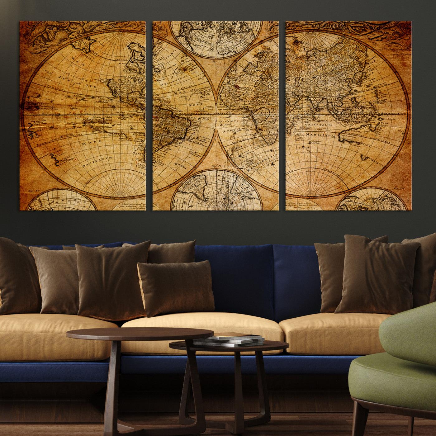 25517-MGV-CV-36X24-Vintage World Map Canvas Print – Antique Push Pin Travel Map, Framed Wall Art for Home or Office Decor