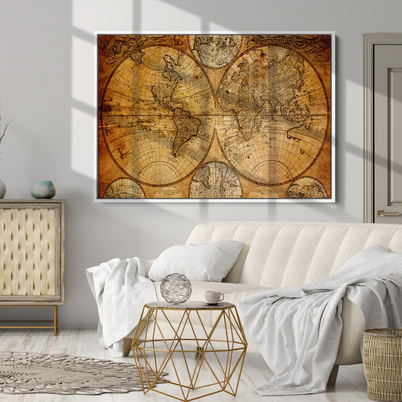 25517-MGV-CV-36X24-Vintage World Map Canvas Print – Antique Push Pin Travel Map, Framed Wall Art for Home or Office Decor