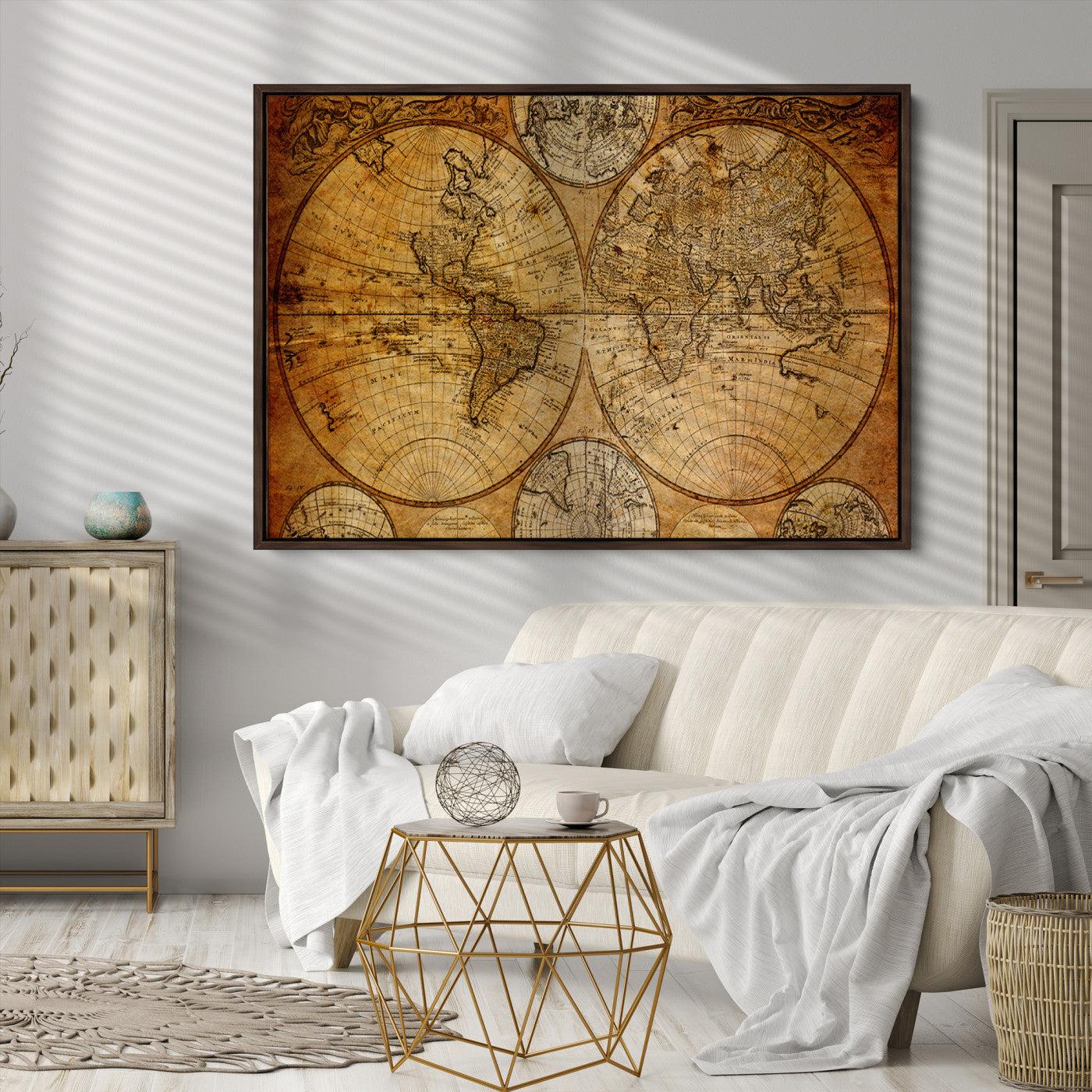 25517-MGV-CV-36X24-Vintage World Map Canvas Print – Antique Push Pin Travel Map, Framed Wall Art for Home or Office Decor