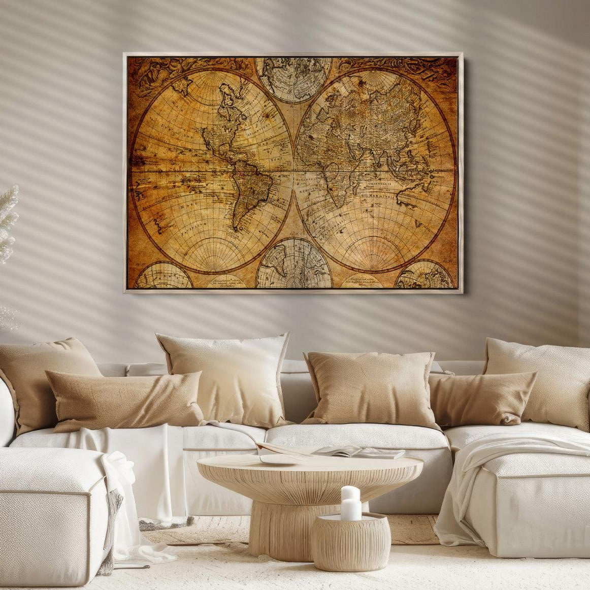 25517-MGV-CV-36X24-Vintage World Map Canvas Print – Antique Push Pin Travel Map, Framed Wall Art for Home or Office Decor