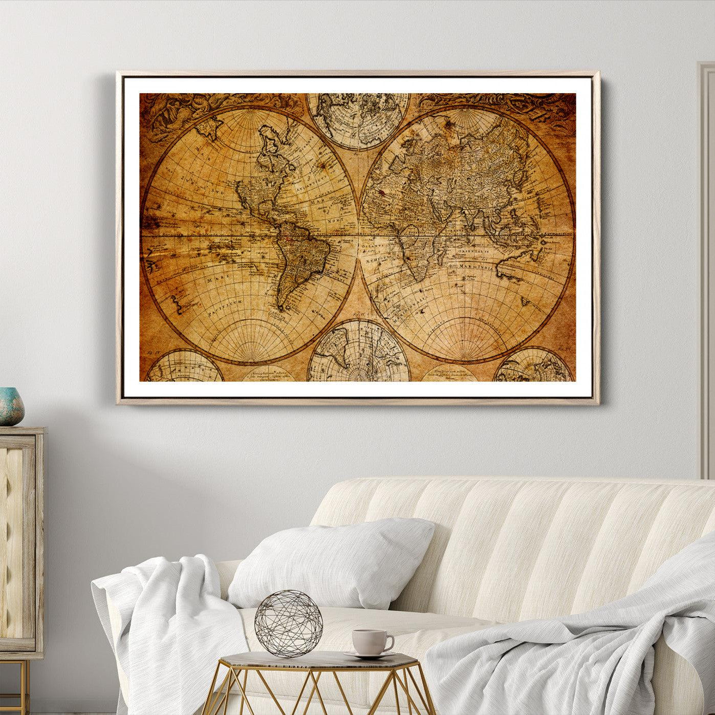25517-MGV-CV-36X24-Vintage World Map Canvas Print – Antique Push Pin Travel Map, Framed Wall Art for Home or Office Decor