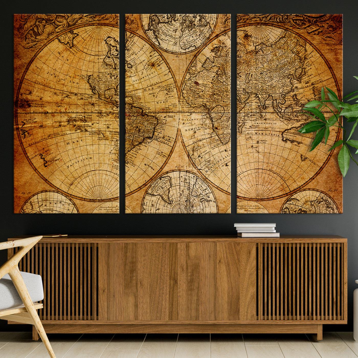 25517-MGV-CV-36X24-Vintage World Map Canvas Print – Antique Push Pin Travel Map, Framed Wall Art for Home or Office Decor
