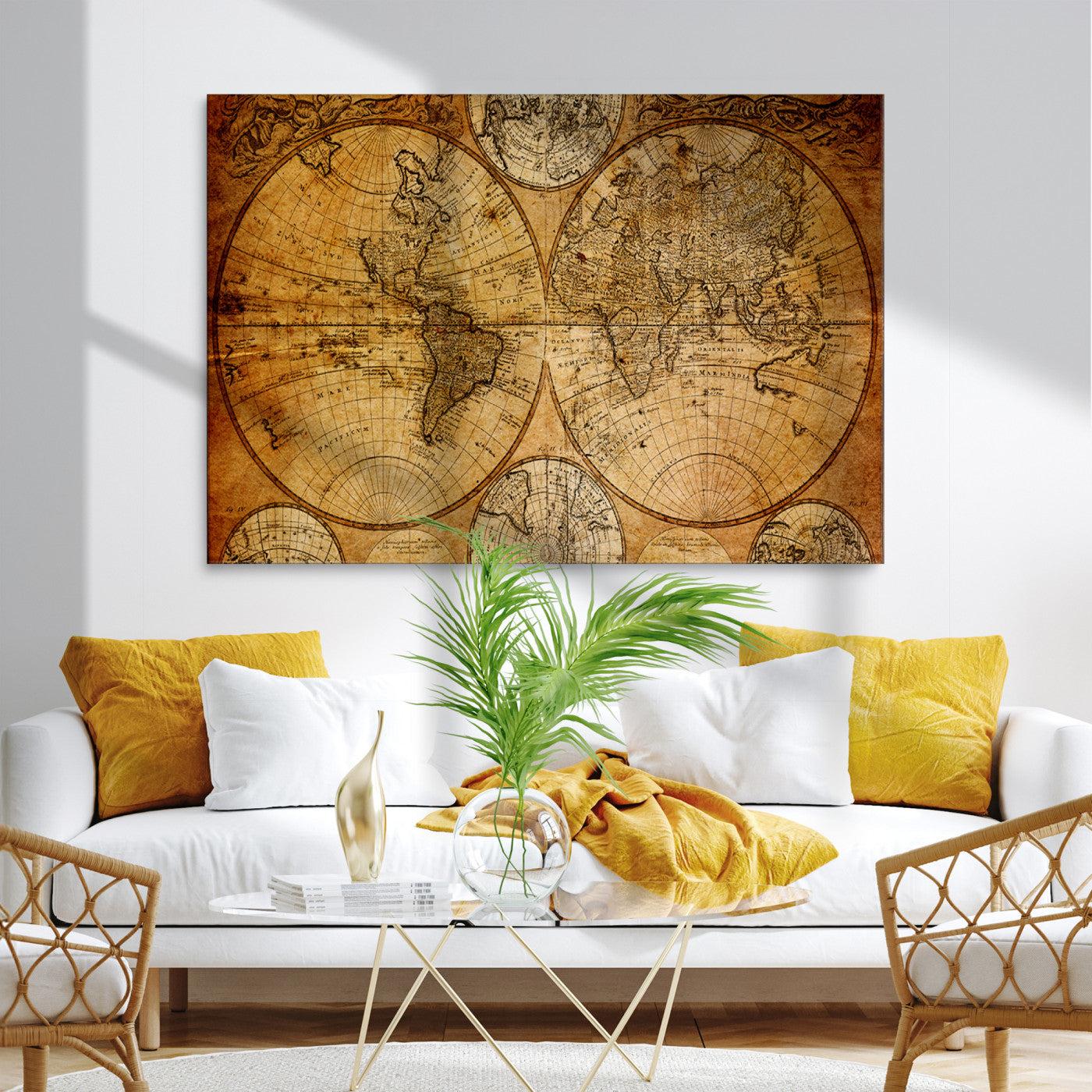 25517-MGV-CV-36X24-Vintage World Map Canvas Print – Antique Push Pin Travel Map, Framed Wall Art for Home or Office Decor