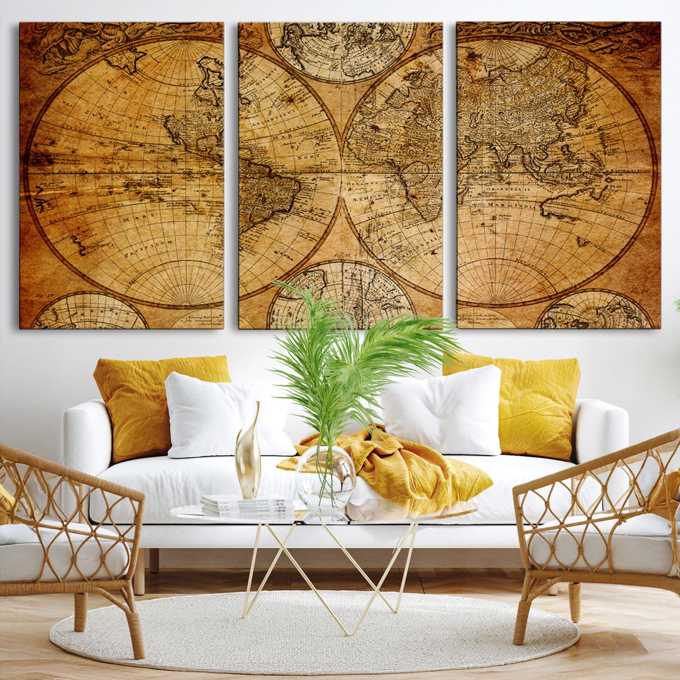 25517-MGV-CV-36X24-Vintage World Map Canvas Print – Antique Push Pin Travel Map, Framed Wall Art for Home or Office Decor