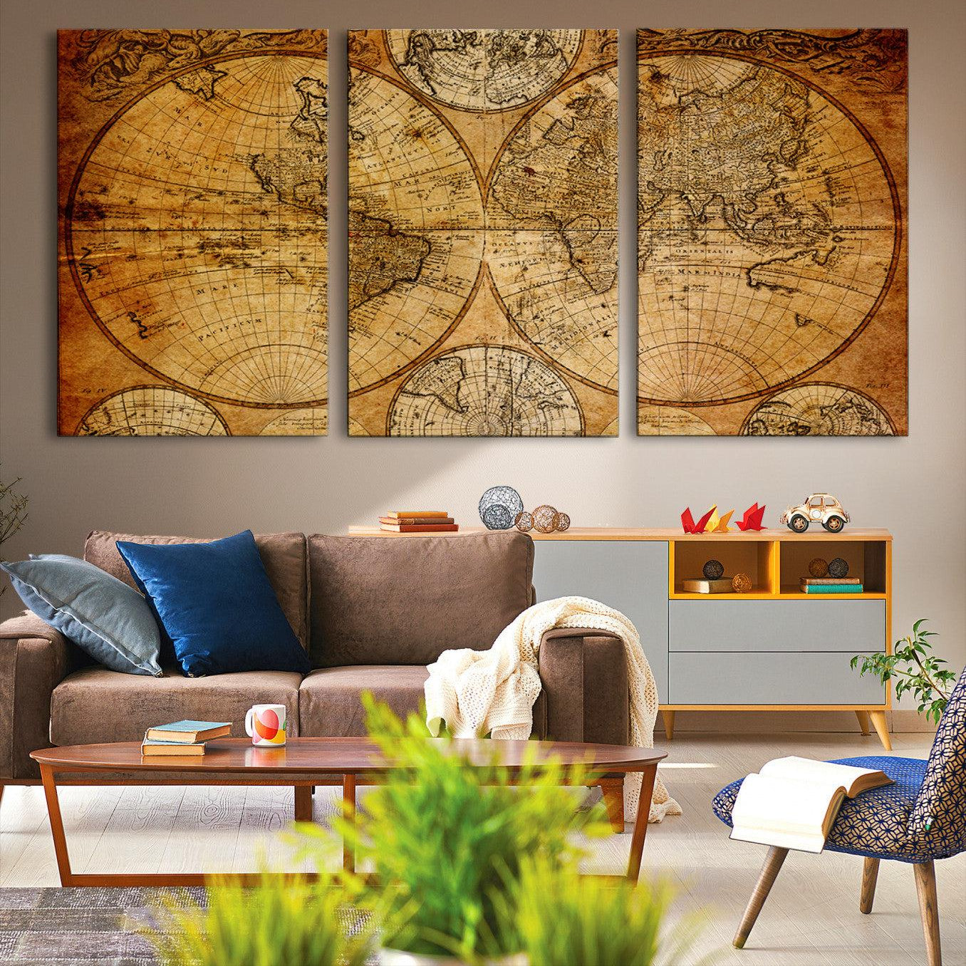 25517-MGV-CV-36X24-Vintage World Map Canvas Print – Antique Push Pin Travel Map, Framed Wall Art for Home or Office Decor