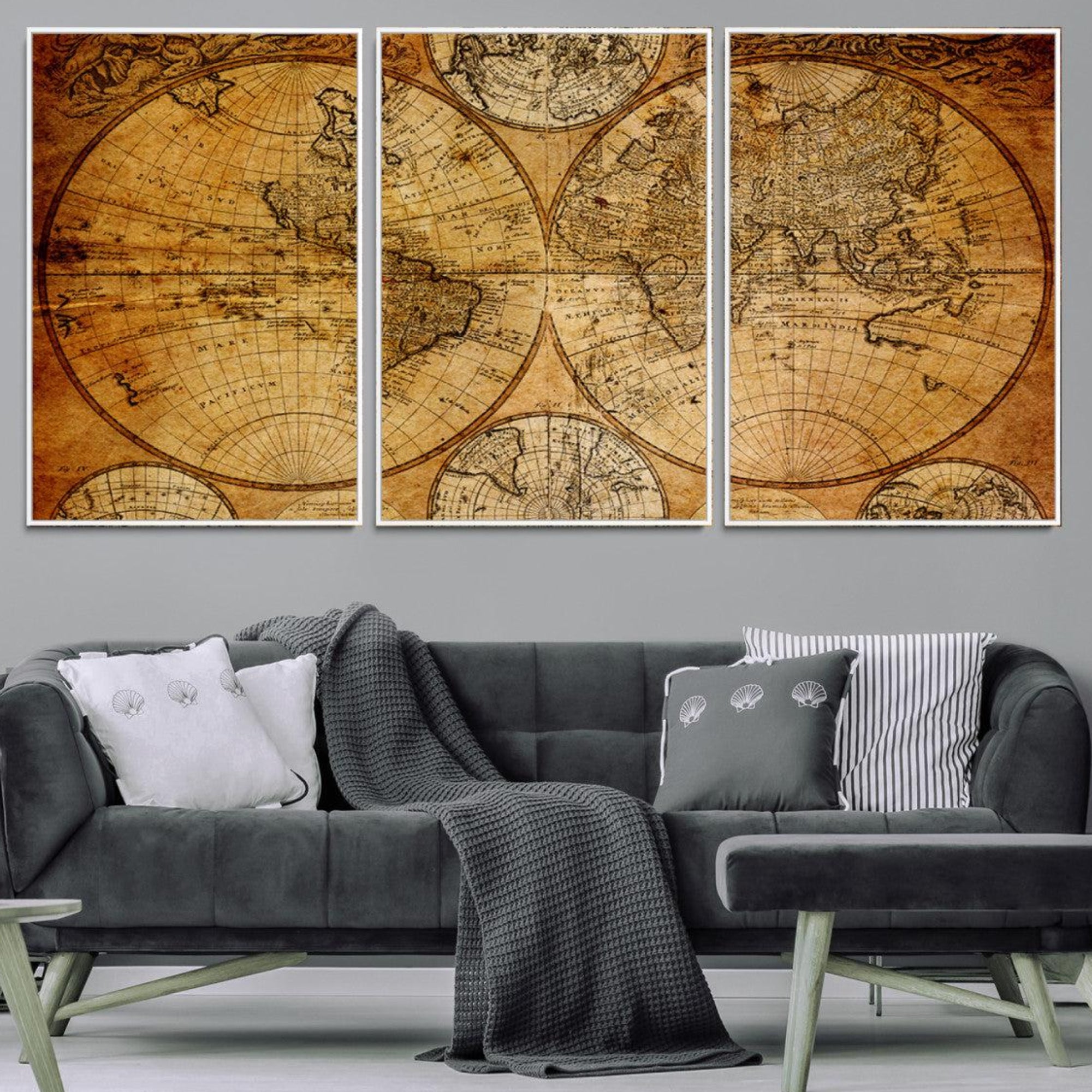 25517-MGV-CV-36X24-Vintage World Map Canvas Print – Antique Push Pin Travel Map, Framed Wall Art for Home or Office Decor