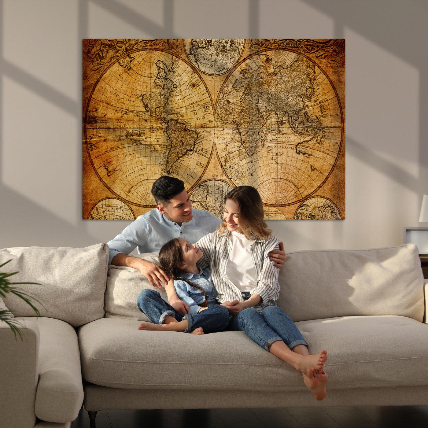 25517-MGV-CV-36X24-Vintage World Map Canvas Print – Antique Push Pin Travel Map, Framed Wall Art for Home or Office Decor