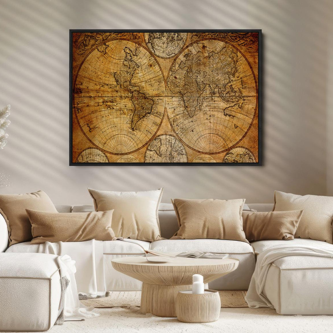 25517-MGV-CV-36X24-Vintage World Map Canvas Print – Antique Push Pin Travel Map, Framed Wall Art for Home or Office Decor