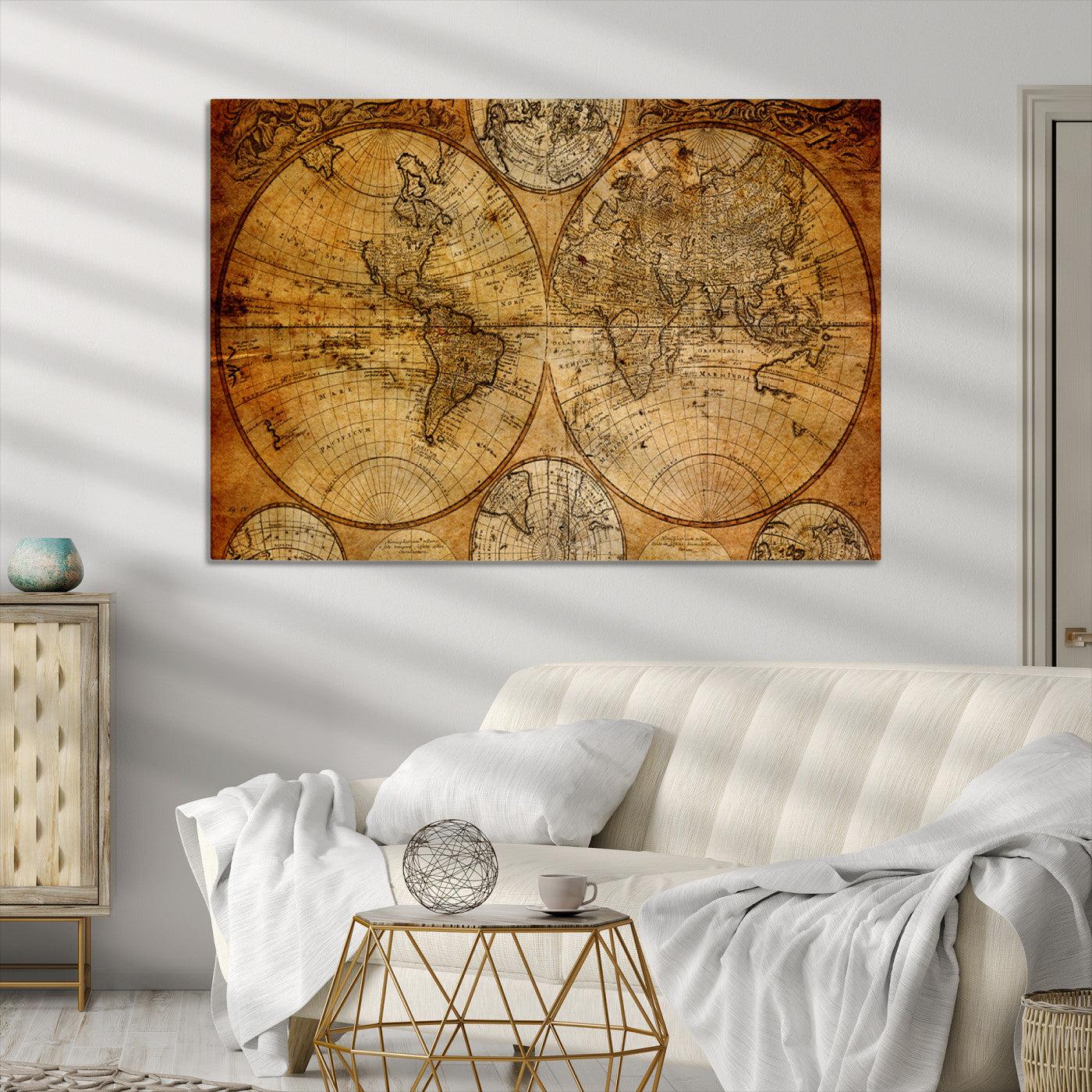 25517-MGV-CV-36X24-Vintage World Map Canvas Print – Antique Push Pin Travel Map, Framed Wall Art for Home or Office Decor