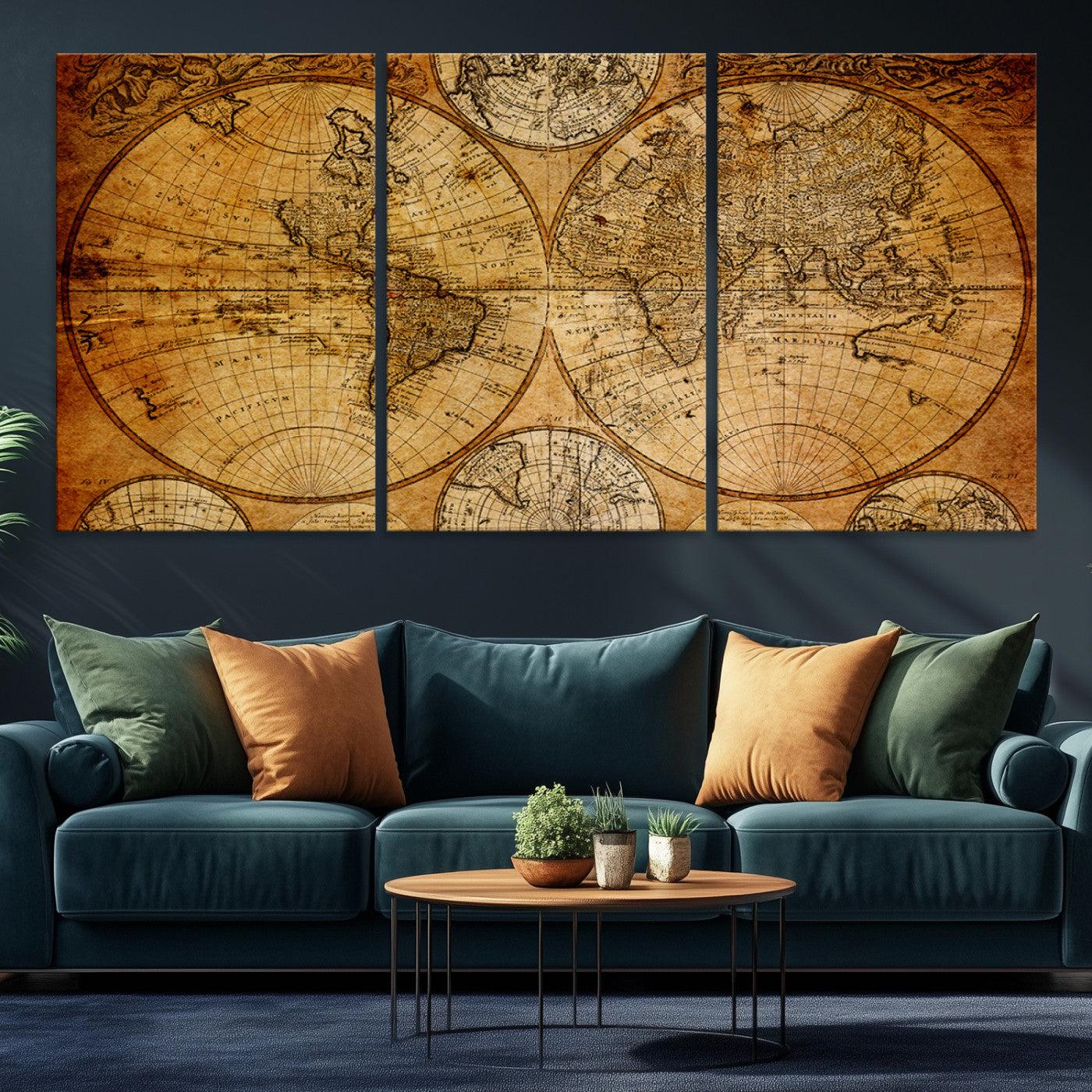 25517-MGV-CV-36X24-Vintage World Map Canvas Print – Antique Push Pin Travel Map, Framed Wall Art for Home or Office Decor