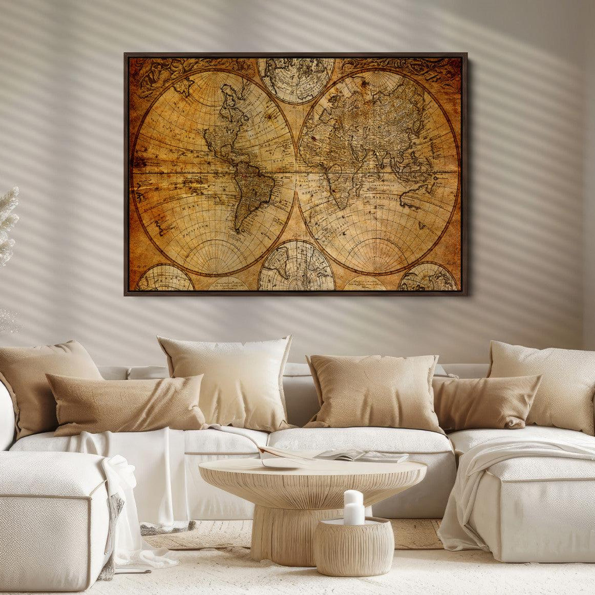 25517-MGV-FC-36X24_Walnut-Vintage World Map Canvas Print – Antique Push Pin Travel Map, Framed Wall Art for Home or Office Decor