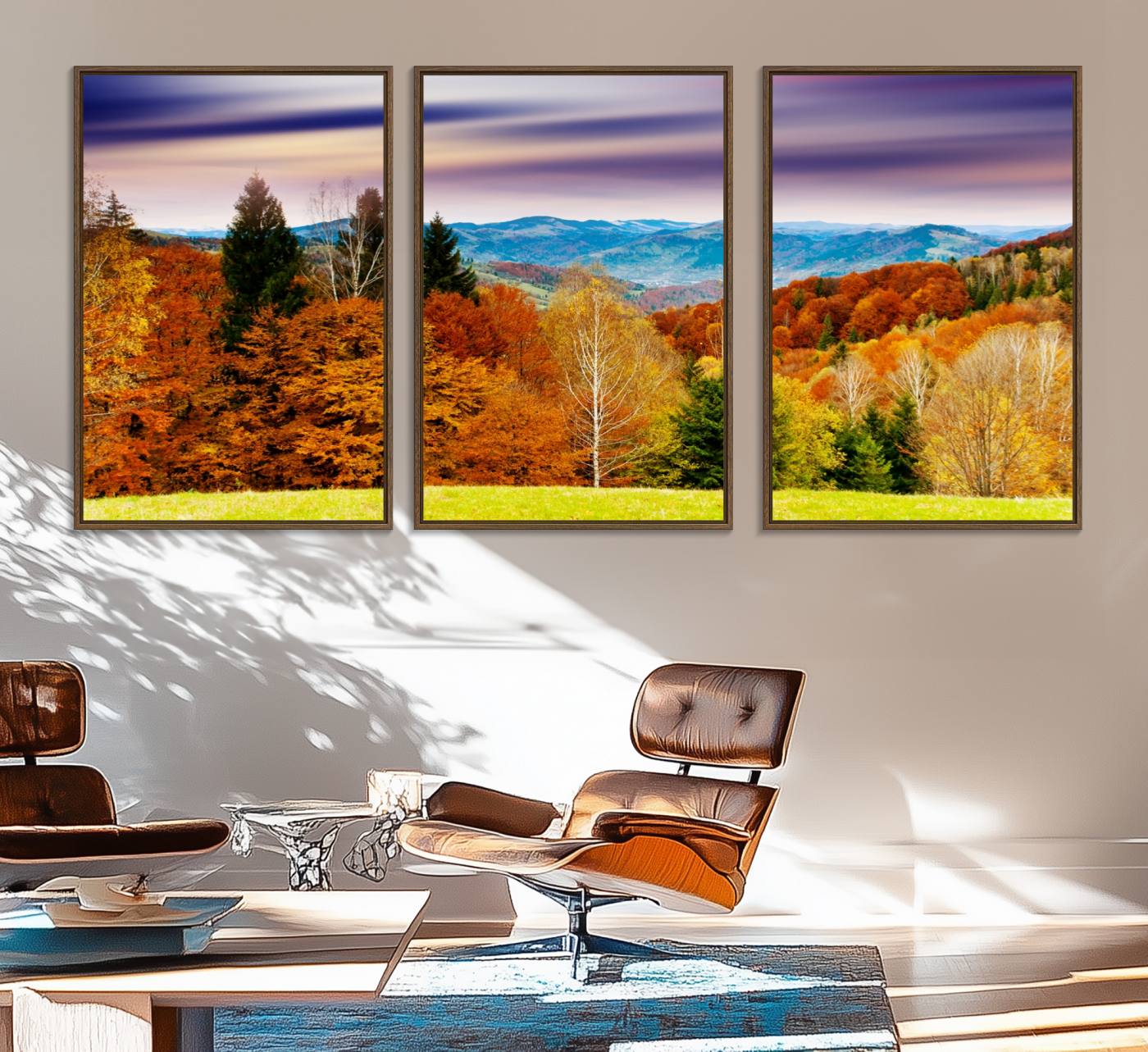 80908-MGV-FC-60X30-3P_Walnut-Autumn Forest Mountain Wall Art Canvas Print | Colorful Giclee Forest Canvas Print | Scenic