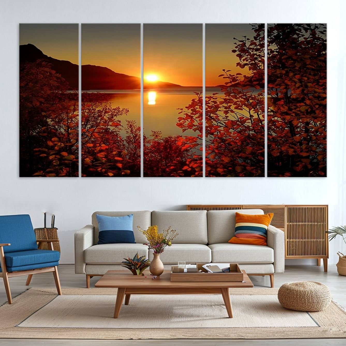 -Autumn Sunset Over Lake Canvas Art – Tranquil Nature Landscape for Cozy Home Decor, Large