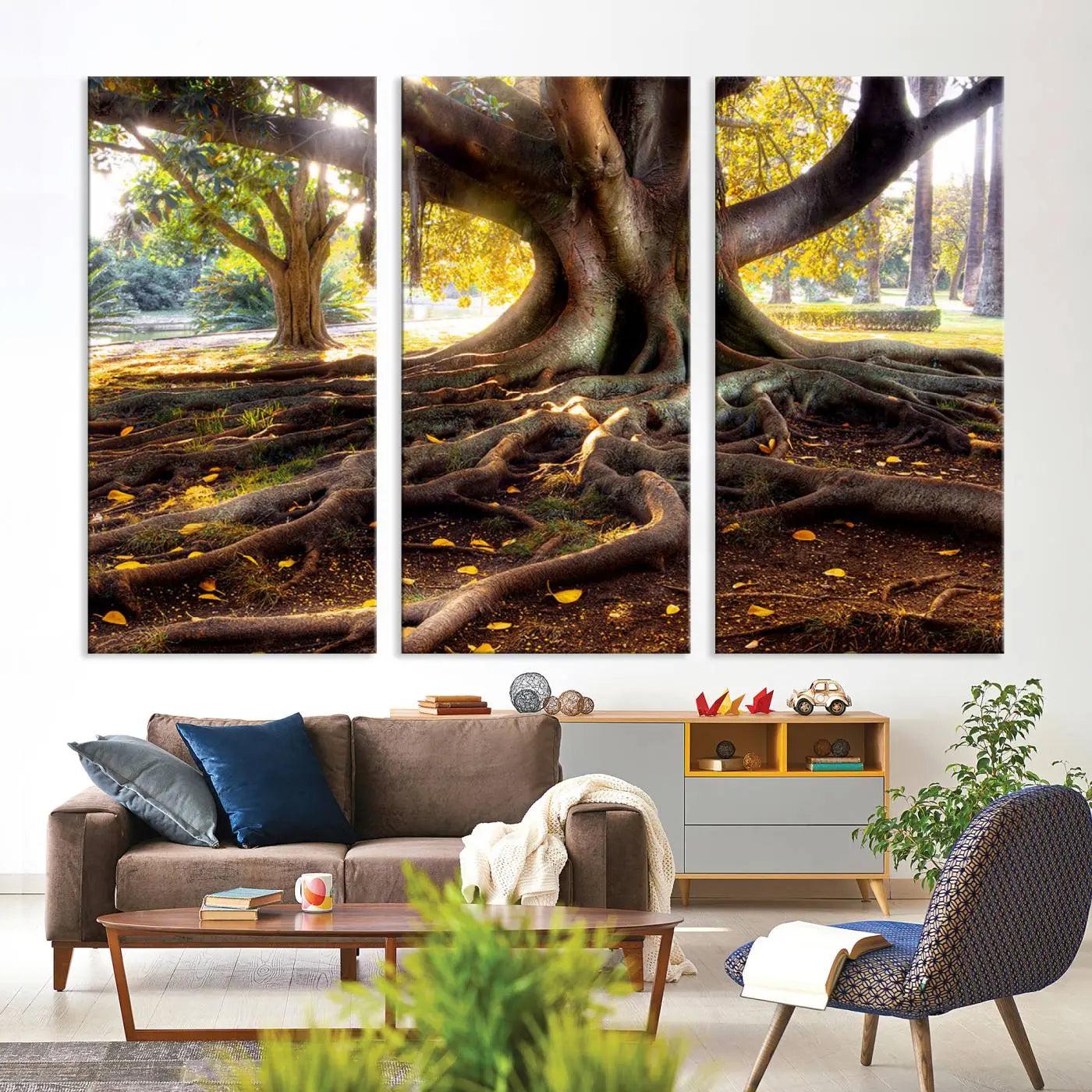 -Banyan Tree Canvas Wall Art Print - Majestic Roots and Sunlit Canopy, Moreton Bay Fig Tree Art for