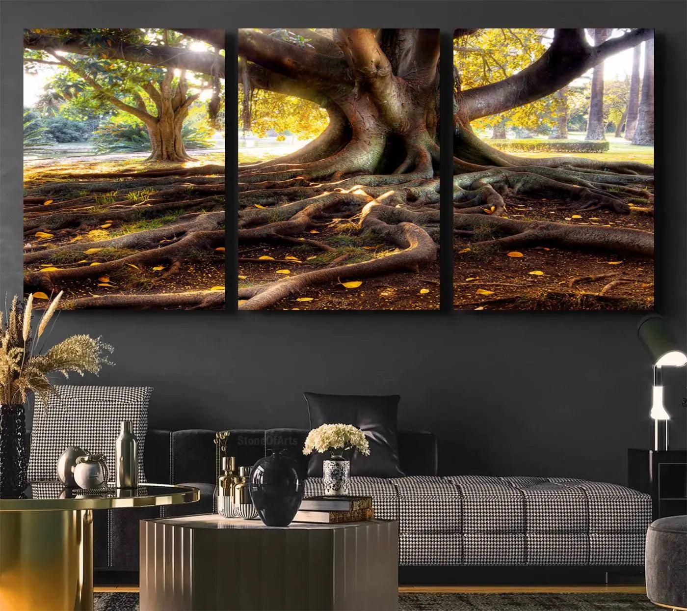-Banyan Tree Canvas Wall Art Print - Majestic Roots and Sunlit Canopy, Moreton Bay Fig Tree Art for
