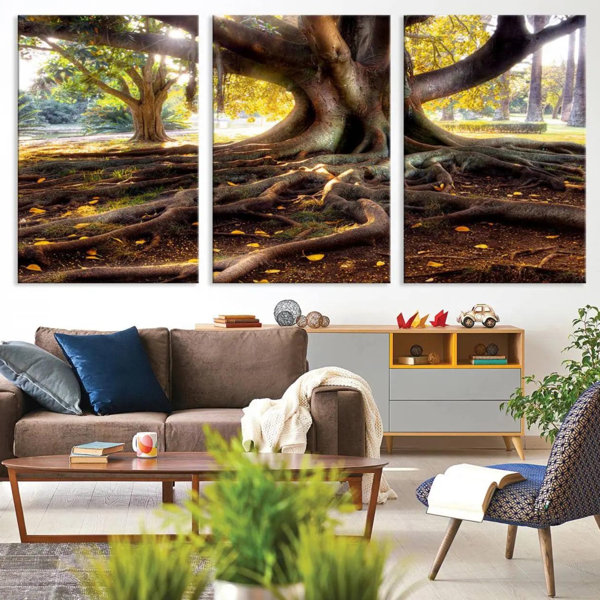 53335-MGV-CV-36X24-Banyan Tree Canvas Wall Art Print - Majestic Roots and Sunlit Canopy, Moreton Bay Fig Tree Art for