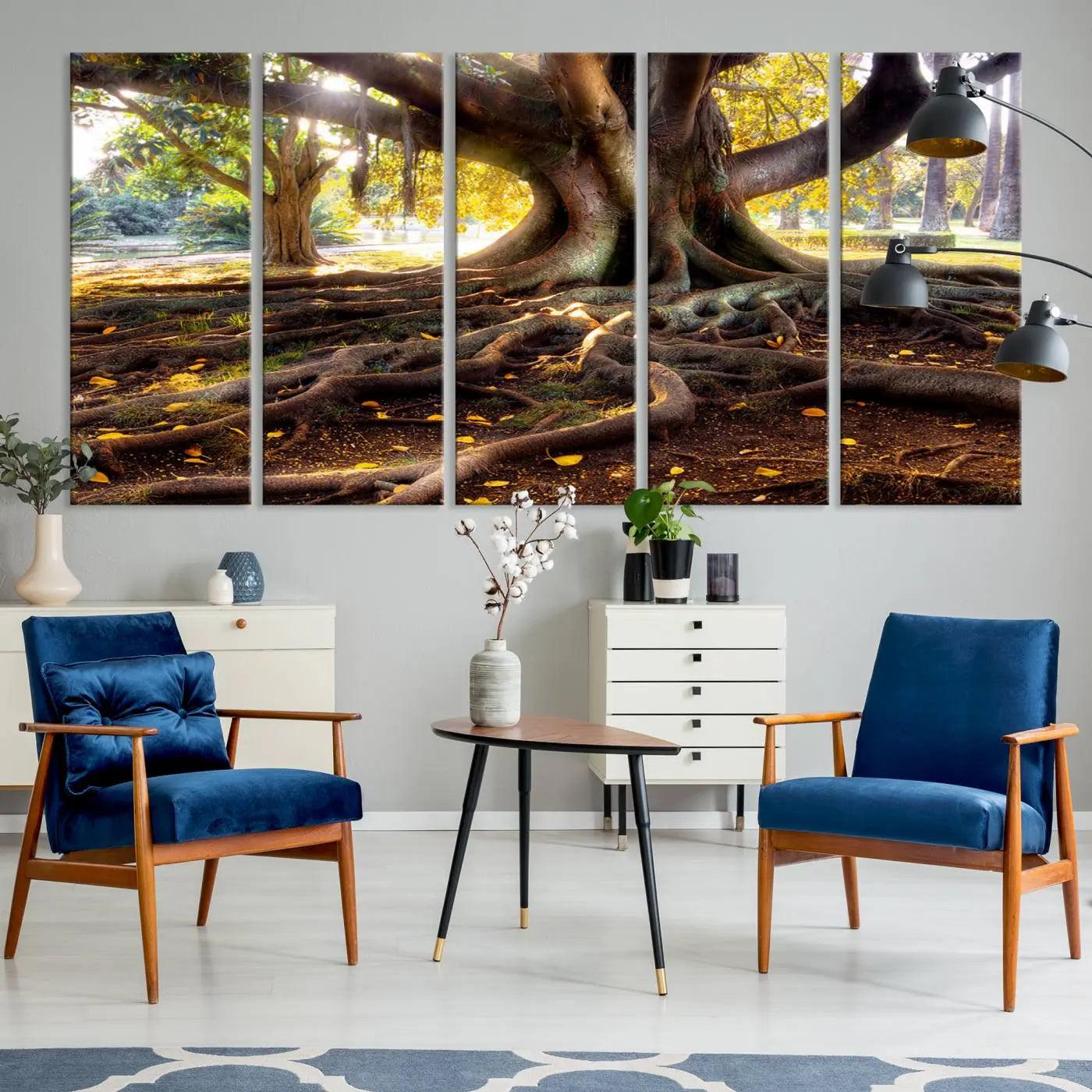 -Banyan Tree Canvas Wall Art Print - Majestic Roots and Sunlit Canopy, Moreton Bay Fig Tree Art for