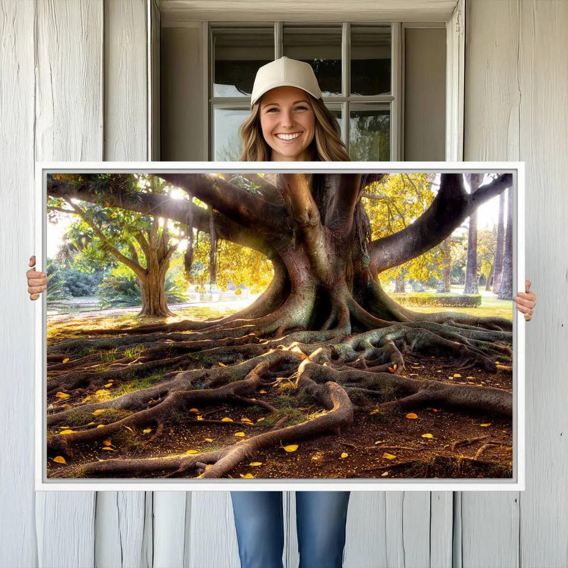 -Banyan Tree Canvas Wall Art Print - Majestic Roots and Sunlit Canopy, Moreton Bay Fig Tree Art for
