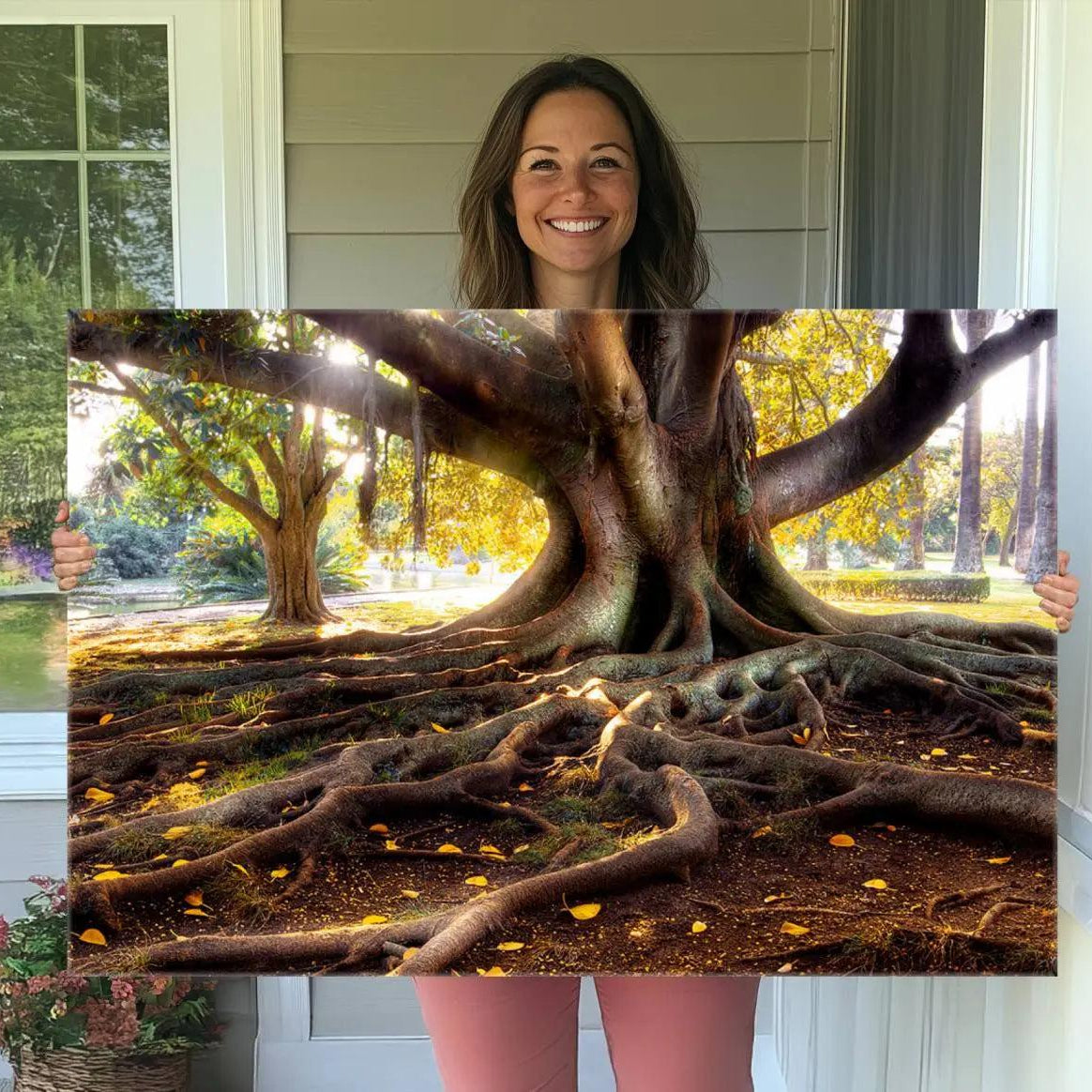 -Banyan Tree Canvas Wall Art Print - Majestic Roots and Sunlit Canopy, Moreton Bay Fig Tree Art for