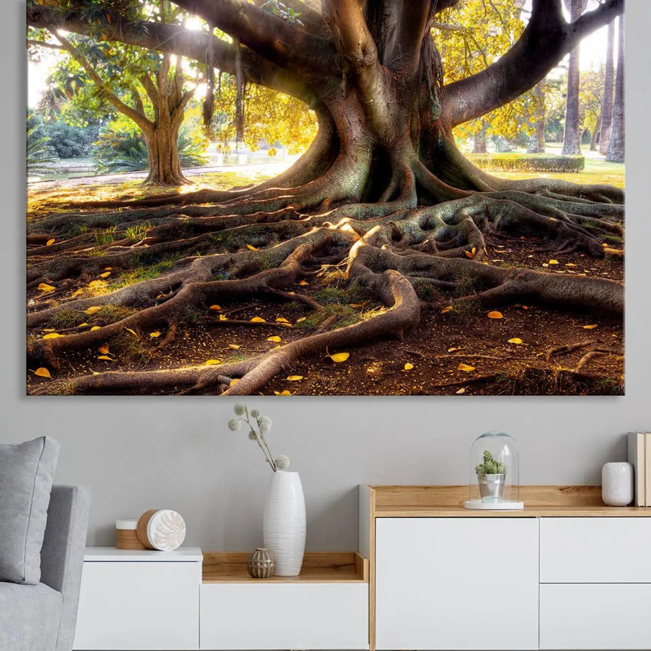 -Banyan Tree Canvas Wall Art Print - Majestic Roots and Sunlit Canopy, Moreton Bay Fig Tree Art for