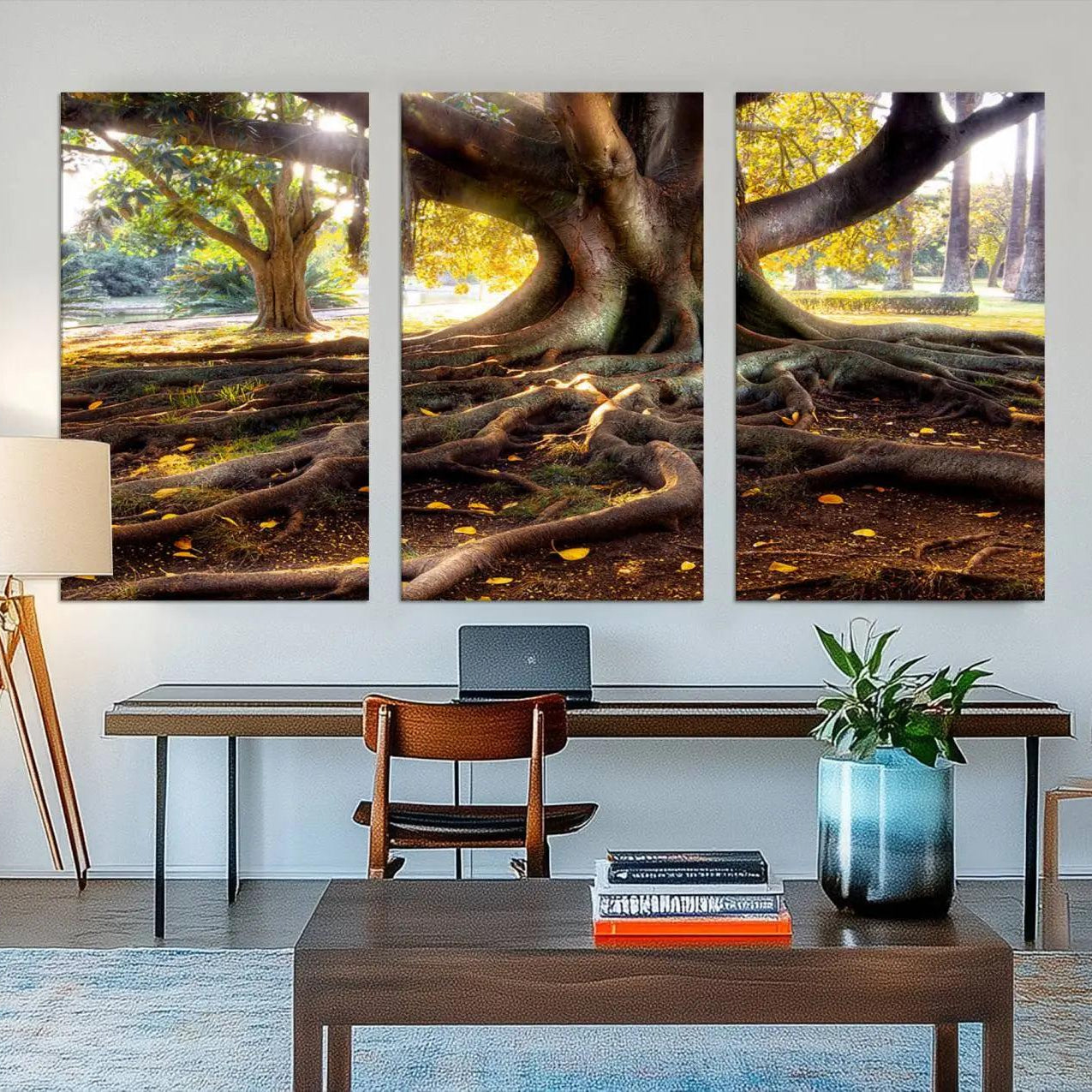 53335-MGV-CV-48X32-3P-Banyan Tree Canvas Wall Art Print - Majestic Roots and Sunlit Canopy, Moreton Bay Fig Tree Art for