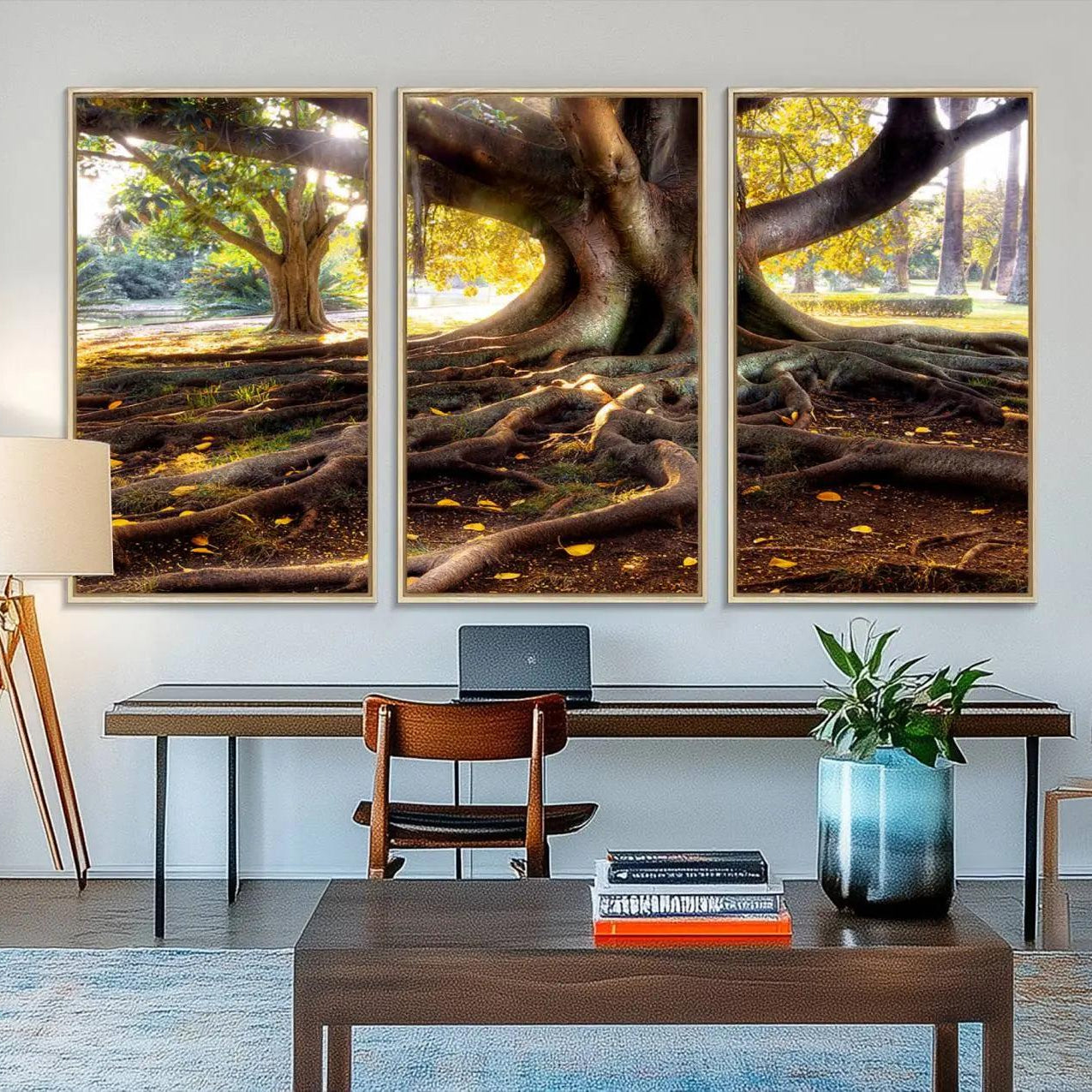 53335-MGV-FC-48X32-3P_Natural-Banyan Tree Canvas Wall Art Print - Majestic Roots and Sunlit Canopy, Moreton Bay Fig Tree Art for
