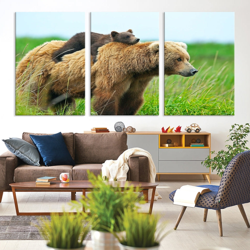 -Bear and Cub Canvas Print Black and White Animal Wall Art Cabin Wall