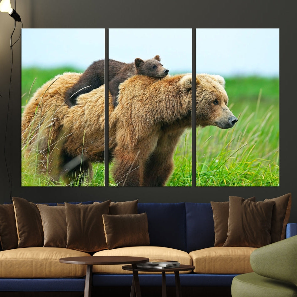 -Bear and Cub Canvas Print Black and White Animal Wall Art Cabin Wall