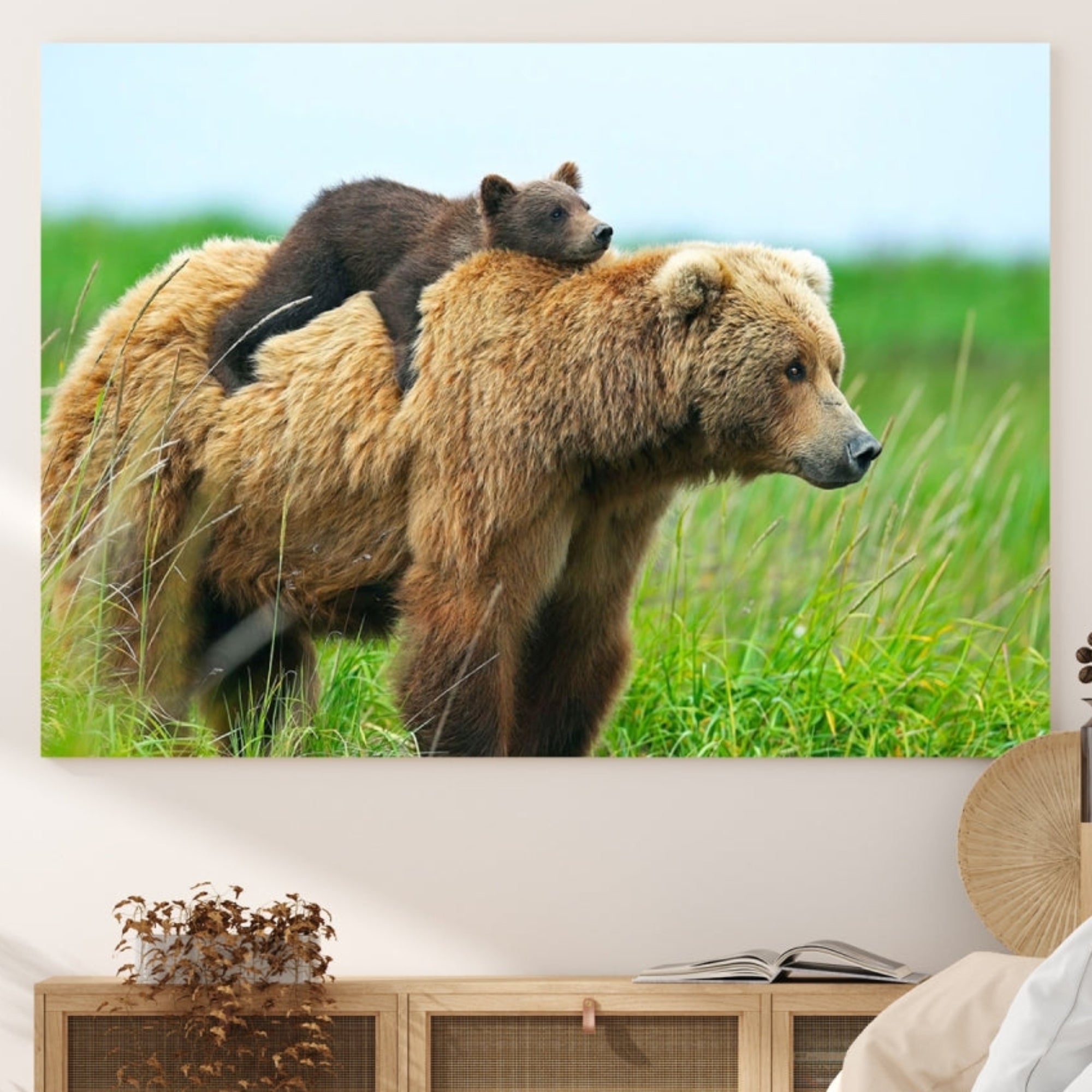 Edit-Images-Bear and Cub Canvas Print Black and White Animal Wall Art Cabin Wall