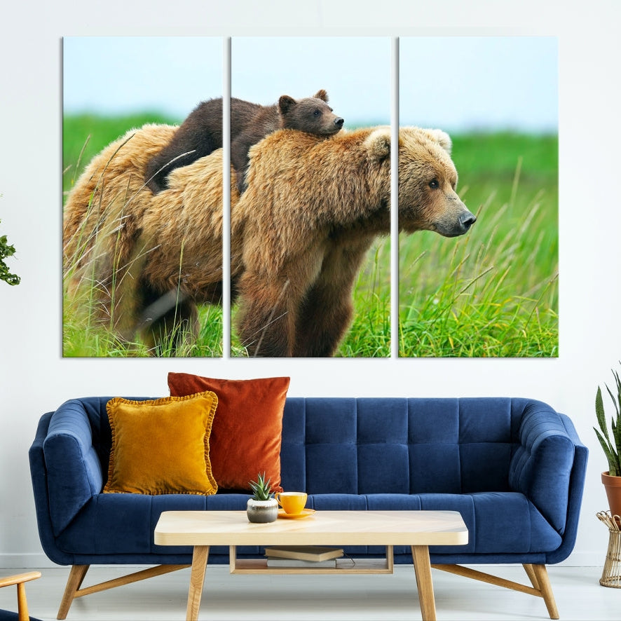 -Bear and Cub Canvas Print Black and White Animal Wall Art Cabin Wall