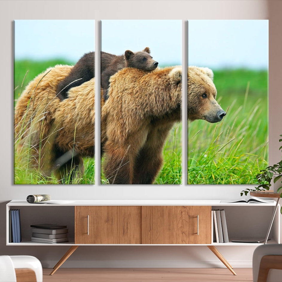 -Bear and Cub Canvas Print Black and White Animal Wall Art Cabin Wall