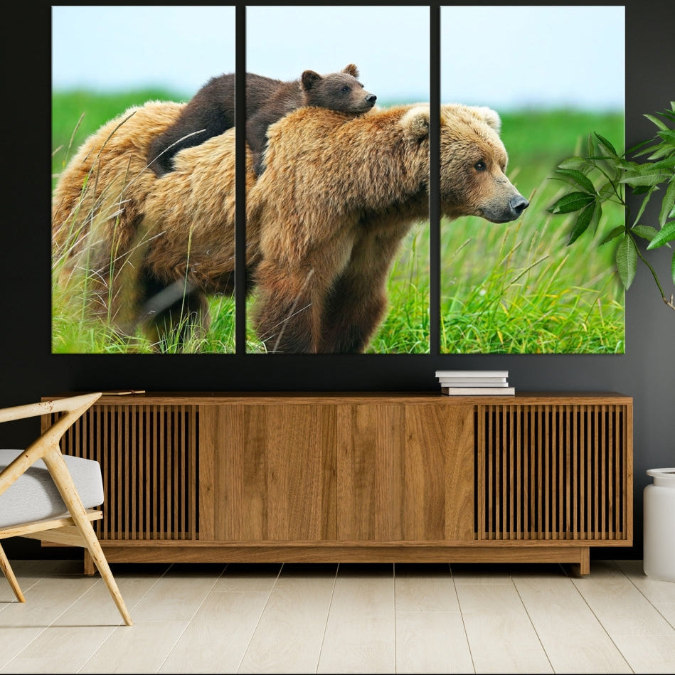 -Bear and Cub Canvas Print Black and White Animal Wall Art Cabin Wall