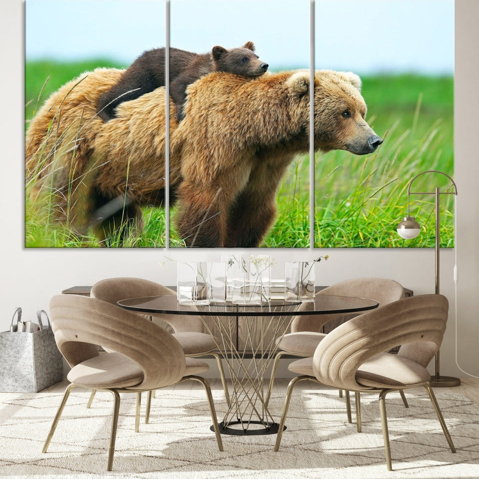 -Bear and Cub Canvas Print Black and White Animal Wall Art Cabin Wall