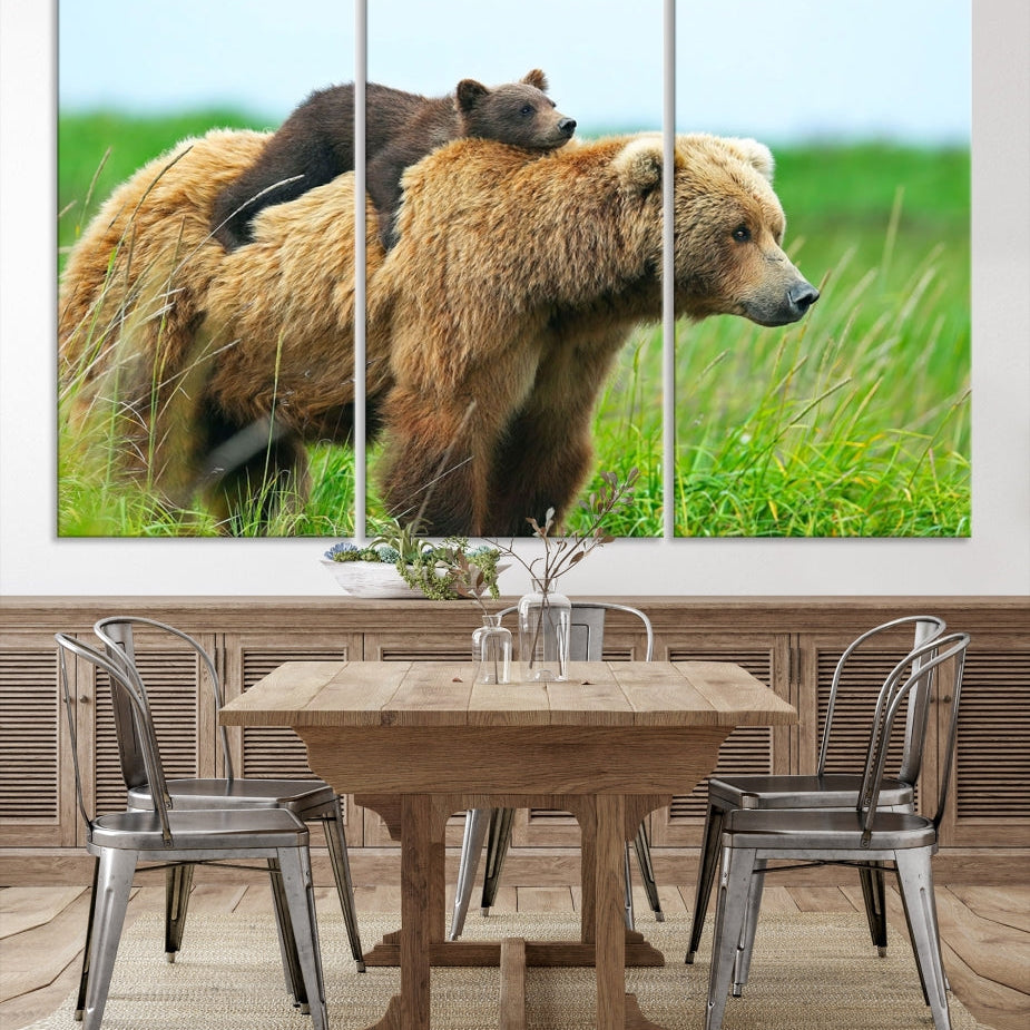 -Bear and Cub Canvas Print Black and White Animal Wall Art Cabin Wall