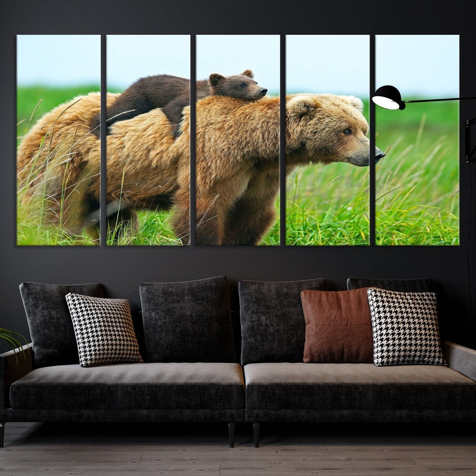 -Bear and Cub Canvas Print Black and White Animal Wall Art Cabin Wall