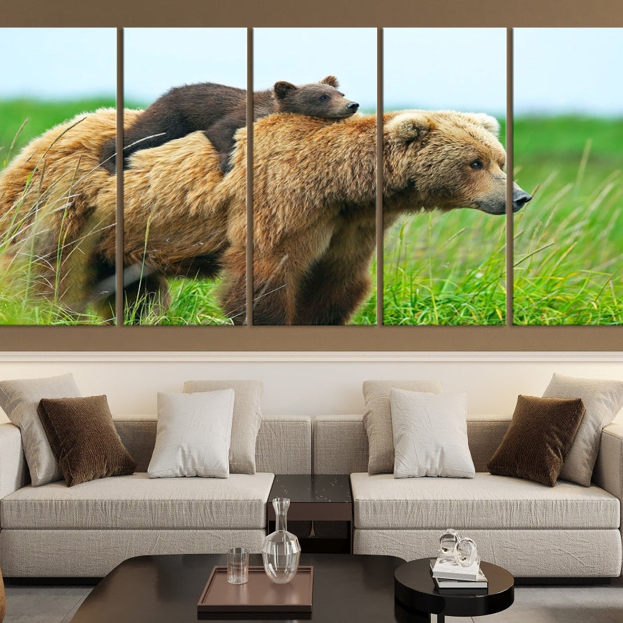 -Bear and Cub Canvas Print Black and White Animal Wall Art Cabin Wall