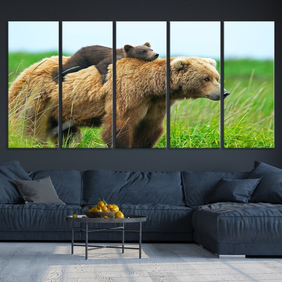 -Bear and Cub Canvas Print Black and White Animal Wall Art Cabin Wall