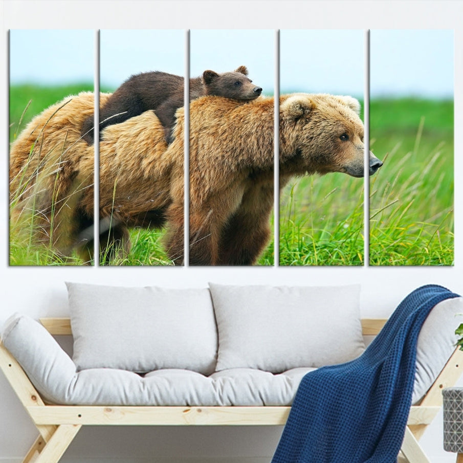 -Bear and Cub Canvas Print Black and White Animal Wall Art Cabin Wall