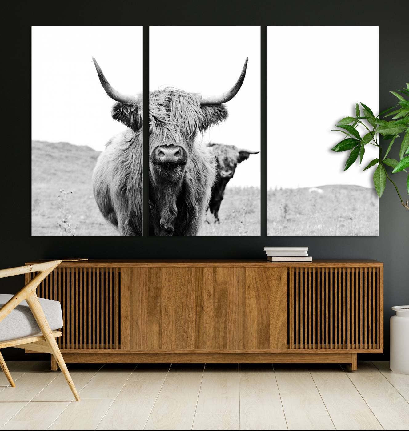 57411-MGV-CV-36X24-Beautiful Highland Cow Canvas Wall Art, Framed Highland Cow Canvas Decor
