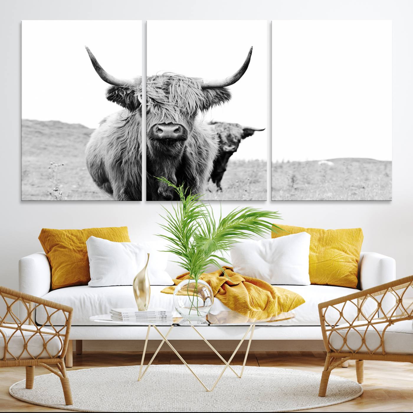 -Beautiful Highland Cow Canvas Wall Art, Framed Highland Cow Canvas Decor