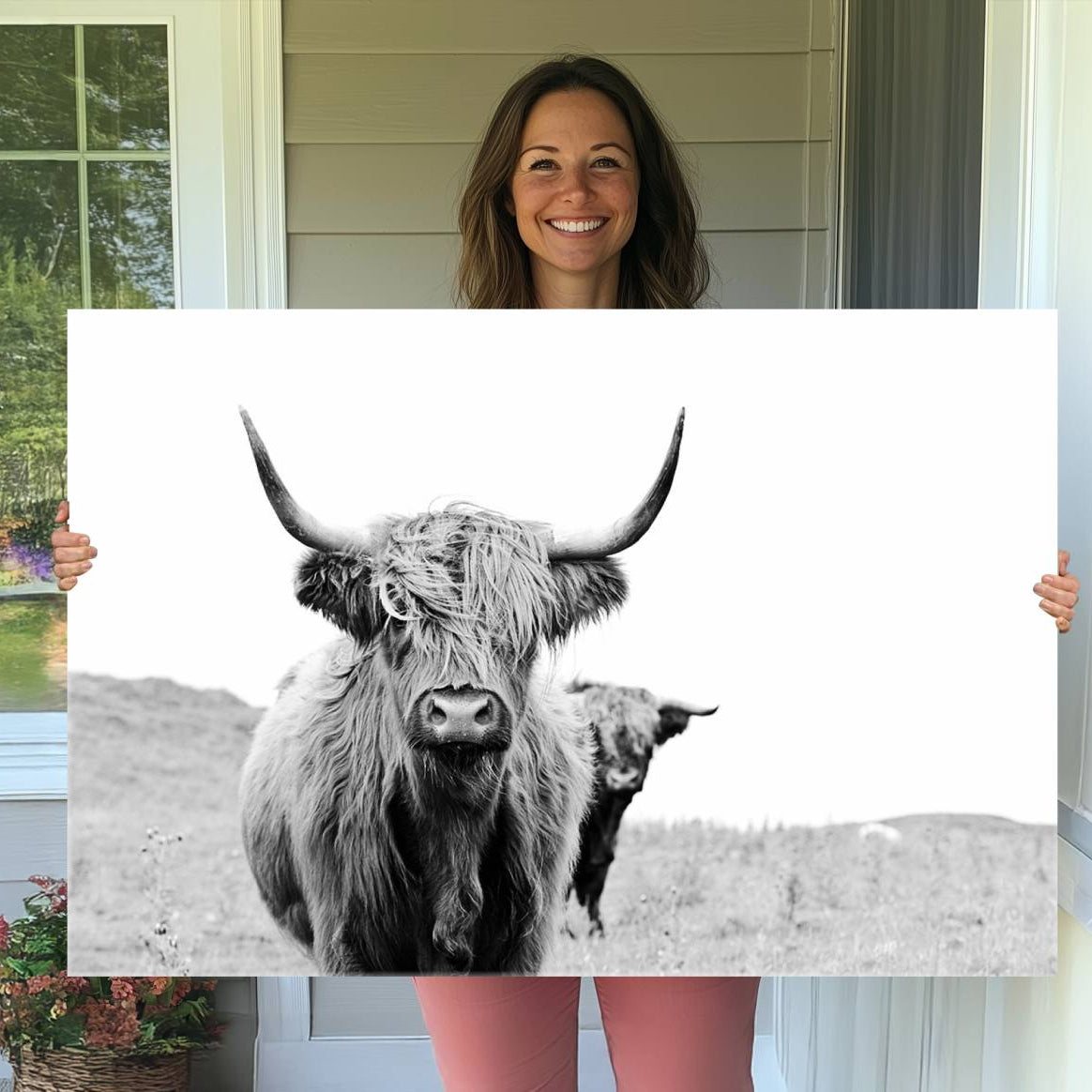 57411-MGV-CV-36X24-Beautiful Highland Cow Canvas Wall Art, Framed Highland Cow Canvas Decor