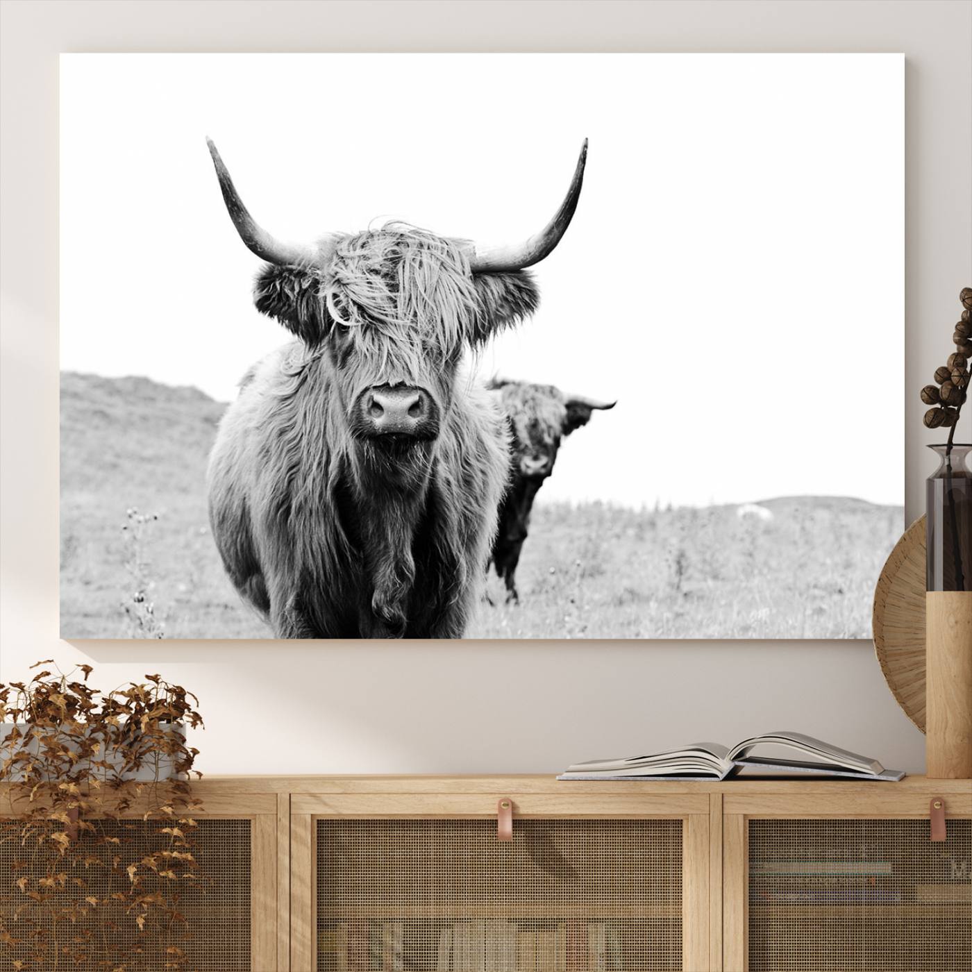 57411-MGV-CV-36X24-Beautiful Highland Cow Canvas Wall Art, Framed Highland Cow Canvas Decor