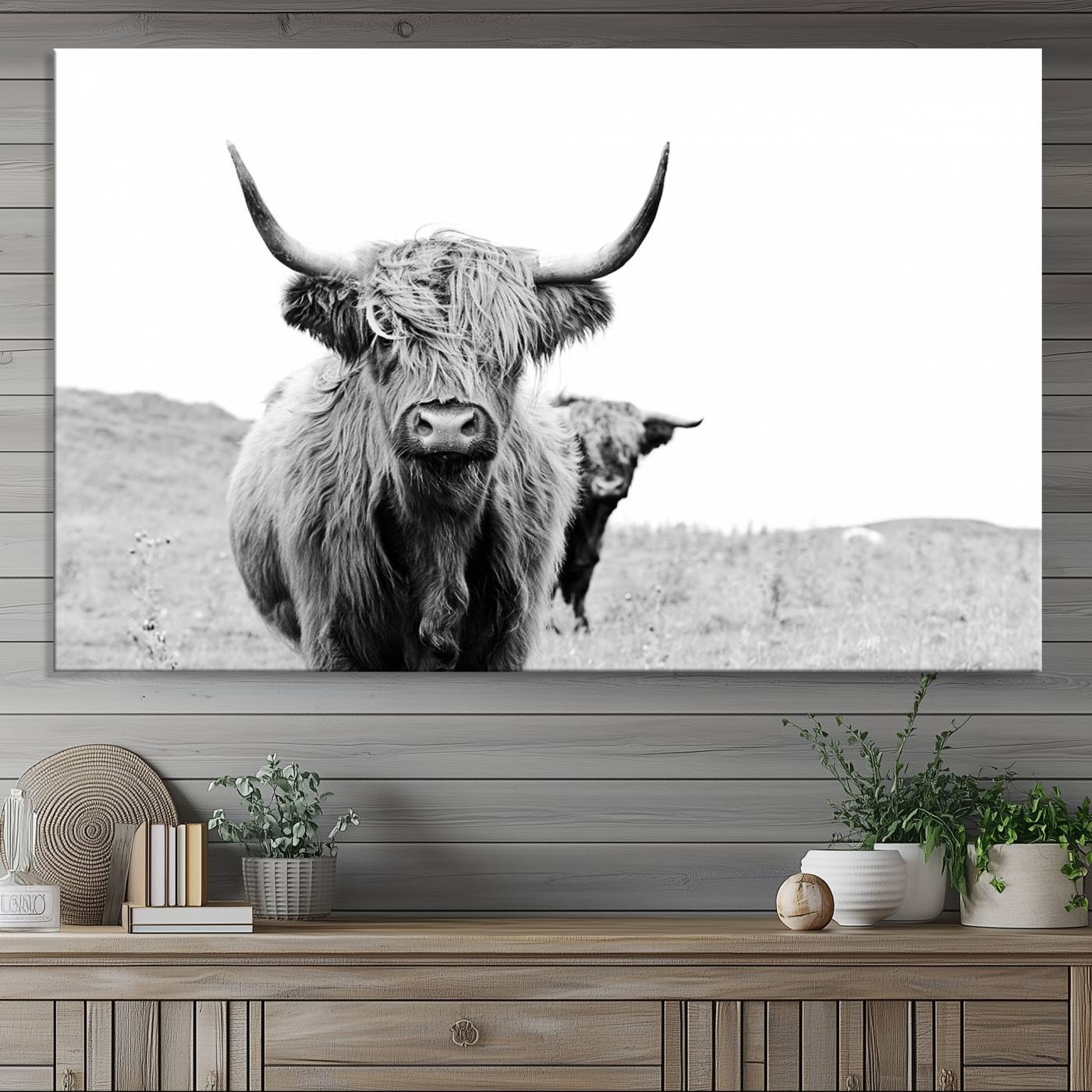 57411-MGV-CV-36X24-Beautiful Highland Cow Canvas Wall Art, Framed Highland Cow Canvas Decor