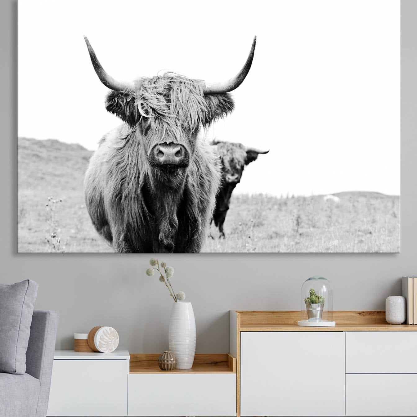 57411-MGV-CV-36X24-Beautiful Highland Cow Canvas Wall Art, Framed Highland Cow Canvas Decor